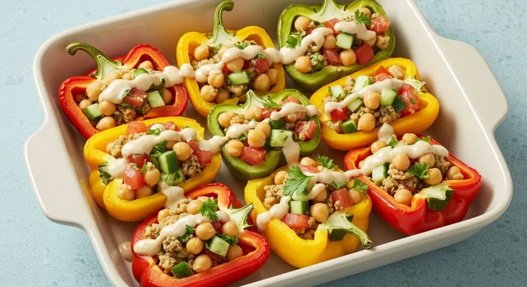 Stunning hero shot of Falafel Chickpea Vegetarian Stuffed Peppers in a light-colored rectangular baking dish, showcasing colorful bell pepper halves filled with a chickpea, tomato, and cucumber mixture, drizzled with tahini sauce and garnished with fresh herbs