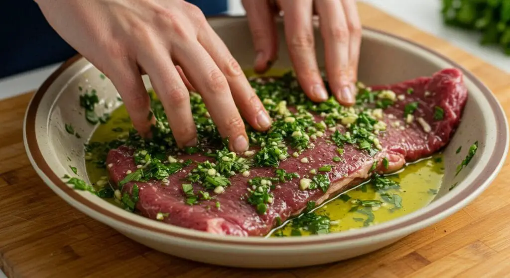 Perfectly grilled or pan-seared lemon garlic steak, with visible char marks or a golden-brown crust, resting on a cutting board before being sliced for the Herby Lemon Garlic Steak and Rice recipe