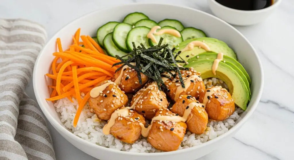 Stunning hero shot of a Sesame Salmon Sushi Bowl in a white bowl, showcasing cooked salmon pieces with sesame seeds, white rice, sliced cucumber, shredded carrots, fanned avocado, and nori strips, with a light drizzle of sauce