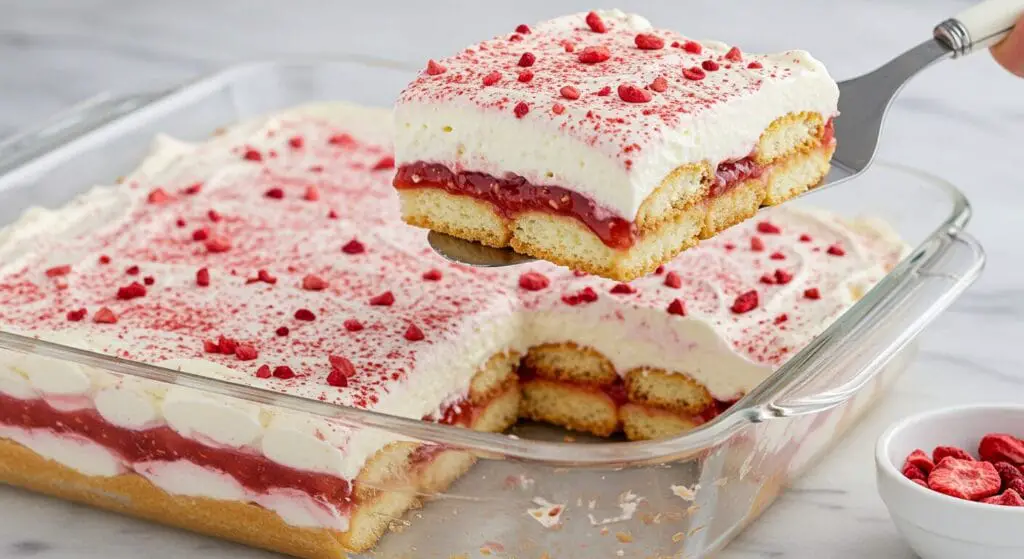 Stunning hero shot of a large slice of Strawberries & Cream Tiramisu being lifted from a 9x13 glass baking dish, showcasing luscious layers of ladyfingers, white cream, and red strawberry mixture, topped with a dusting of red powder