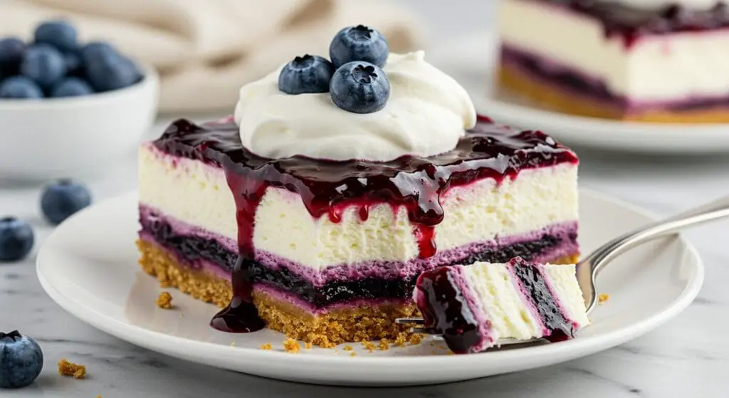 Stunning hero shot of a slice of Blueberry Cheesecake Icebox Cake on a white plate, showcasing distinct layers of graham crackers, creamy white cheesecake filling, and luscious blueberry jam/sauce, topped with whipped cream and fresh blueberries