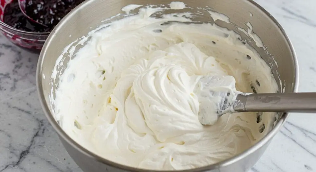 A large bowl of fluffy, white whipped cream cheese filling for the Blueberry Cheesecake Icebox Cake recipe, with a spatula showing its light and airy texture. A bowl of blueberry jam/sauce is in the background.