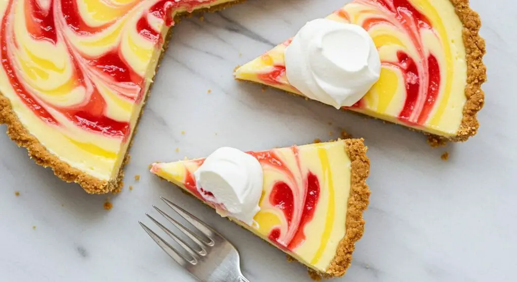 Stunning hero shot of several slices of No-Bake Strawberry Lemon Swirl Tart arranged on a marble surface, showcasing the vibrant yellow lemon and red strawberry swirl in a creamy filling, a pale buttery crust, and a dollop of whipped cream on one slice