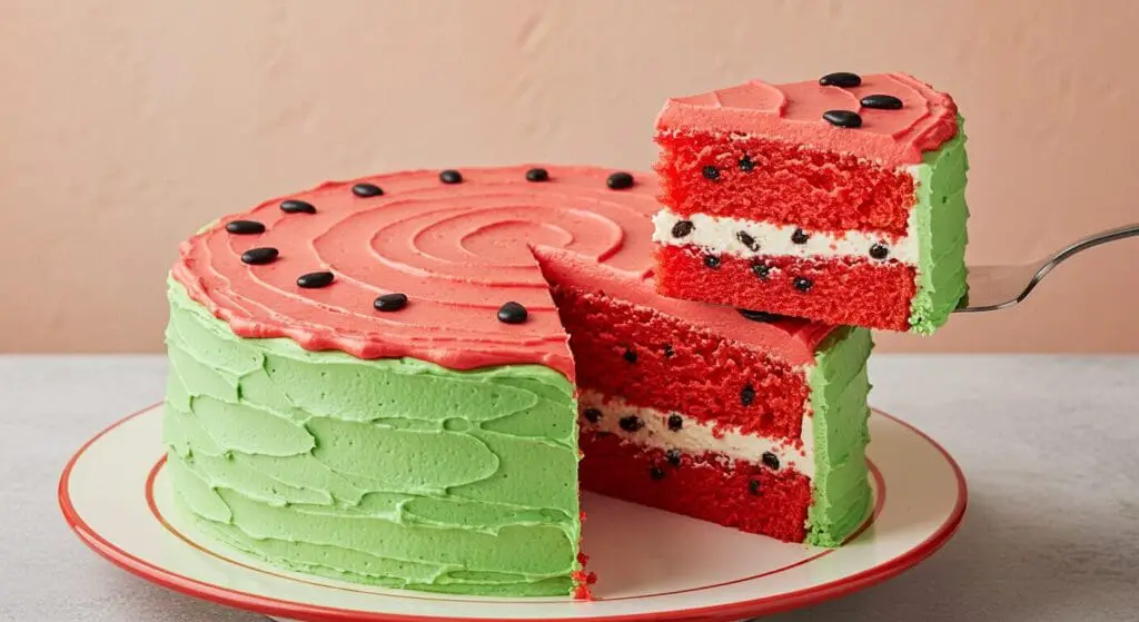 Stunning hero shot of a whole Watermelon Cake, decorated to look exactly like a watermelon with a green rind and red interior with black "seeds," with one slice being lifted out to show the layers
