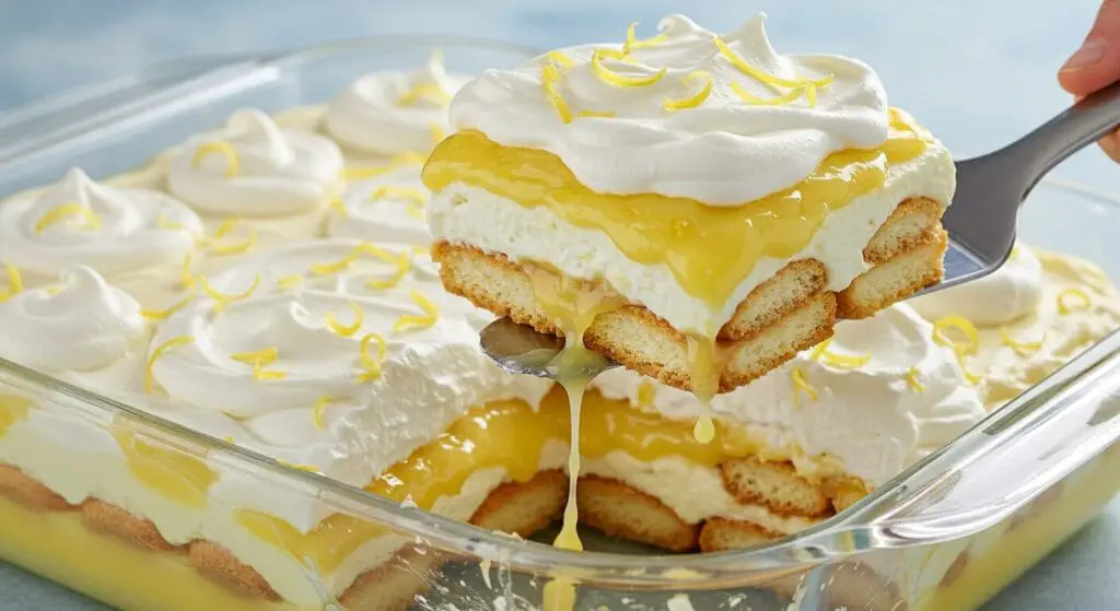Stunning hero shot of a large serving spoon lifting a generous portion of Limoncello Tiramisu from a glass baking dish, showcasing luscious layers of ladyfingers, white mascarpone cream, and yellow lemon curd, topped with piped cream and lemon zest