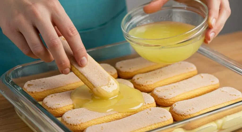 A large bowl of luscious, fluffy white mascarpone cream filling infused with lemon zest for the Limoncello Tiramisu recipe, with a spatula resting in it, showing its airy texture. A jar of lemon curd is nearby.