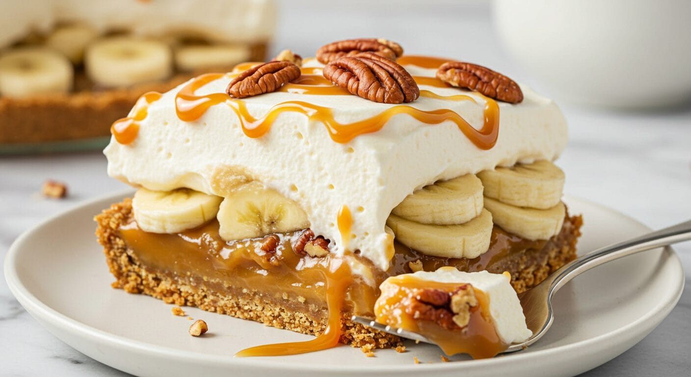 Stunning hero shot of a tall, luscious slice of No-Bake Banana Caramel Pecan Pie on a white plate, showcasing distinct layers of graham cracker crust, caramel pecan mixture, sliced bananas, and fluffy vanilla cream, drizzled with caramel and topped with pecans