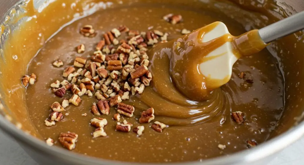 A bowl of chopped toasted pecans being mixed with thick, glossy caramel sauce, alongside a plate of freshly sliced bananas, components for the No-Bake Banana Caramel Pecan Pie recipe.