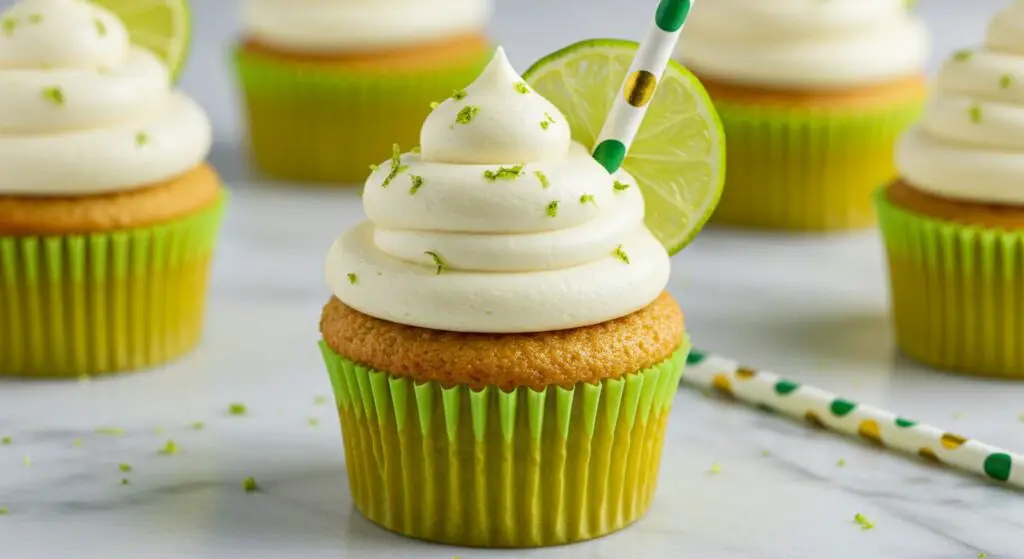 Stunning hero shot of a Margarita Cupcake in a bright green liner, with a generous swirl of off-white tequila-lime frosting, garnished with a fresh lime wedge, lime zest, and a decorative paper straw