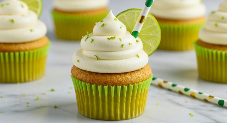 Stunning hero shot of a Margarita Cupcake in a bright green liner, with a generous swirl of off-white tequila-lime frosting, garnished with a fresh lime wedge, lime zest, and a decorative paper straw