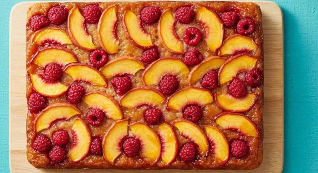Stunning hero shot of a rectangular Raspberry Peach Upside-Down Cake on a wooden cutting board against a light blue background, showcasing distinct, vibrant stripes of caramelized peach slices and jewel-toned raspberries baked into the top