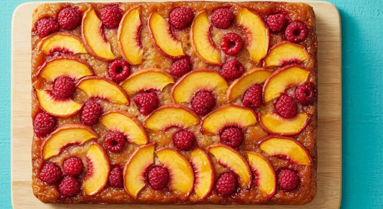 Stunning hero shot of a rectangular Raspberry Peach Upside-Down Cake on a wooden cutting board against a light blue background, showcasing distinct, vibrant stripes of caramelized peach slices and jewel-toned raspberries baked into the top