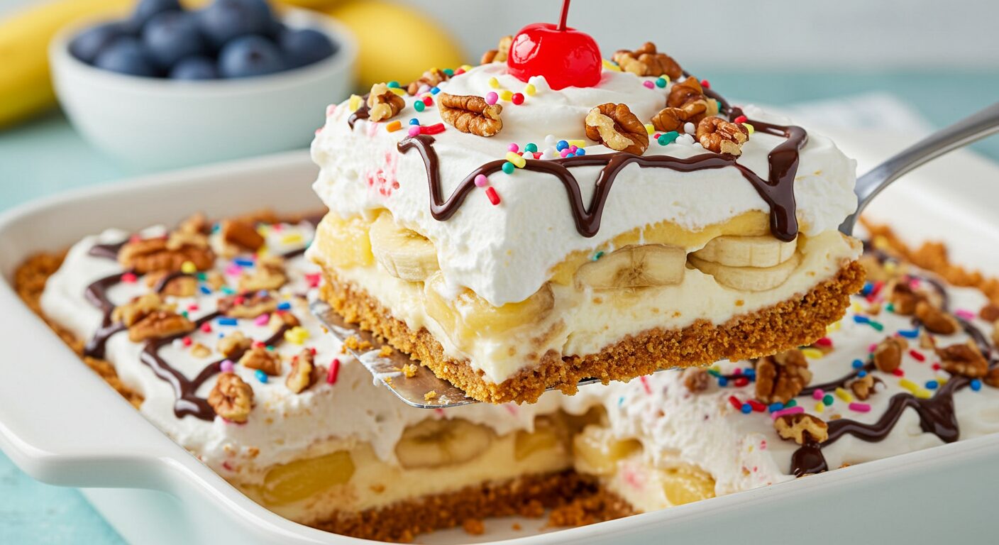 Stunning hero shot of a large slice of Banana Split Lasagna being lifted from a white baking dish on a spatula, showcasing layers of graham cracker crust, creamy filling, fruit, chocolate drizzle, whipped cream, nuts, sprinkles, and a maraschino cherry on top
