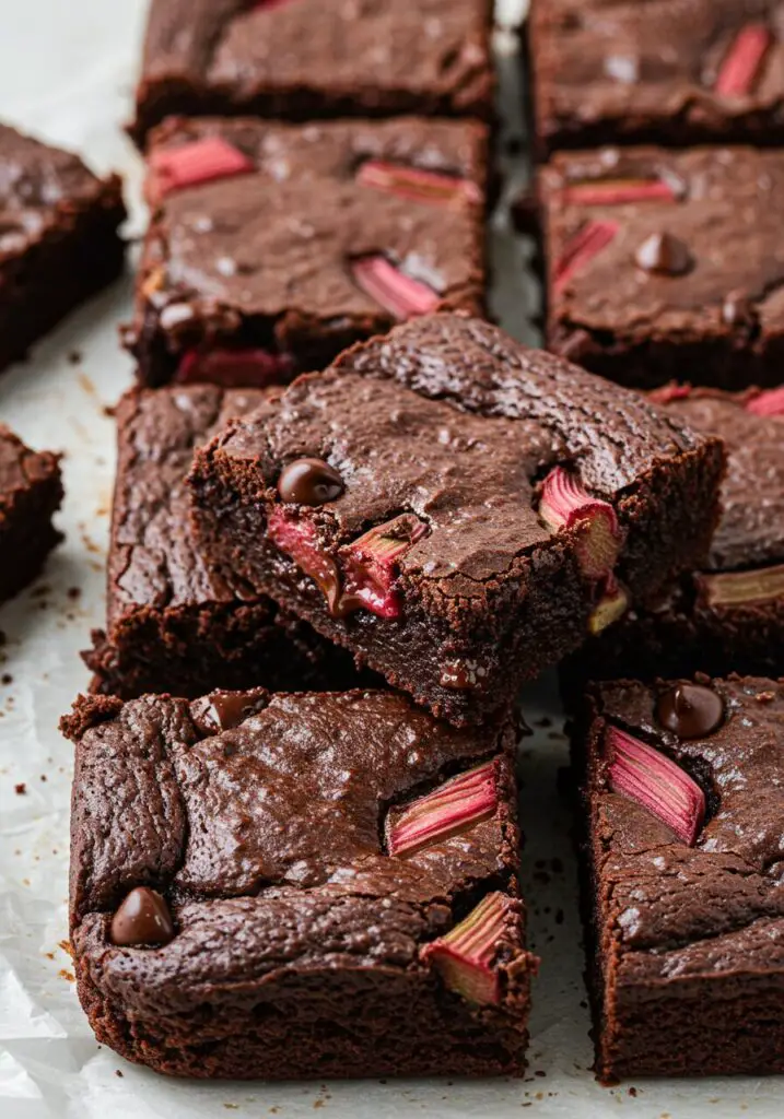 Stunning hero shot of Chocolate Rhubarb Brownies cut into squares, showcasing a dark, fudgy interior with visible pieces of rhubarb, chocolate chips, and walnuts, and a crackly top