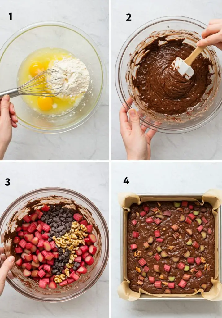 A glass mixing bowl with wet brownie ingredients (melted butter, sugar, eggs, vanilla) being whisked, alongside another bowl with dry ingredients (flour, cocoa powder, salt) for the Chocolate Rhubarb Brownies recipe