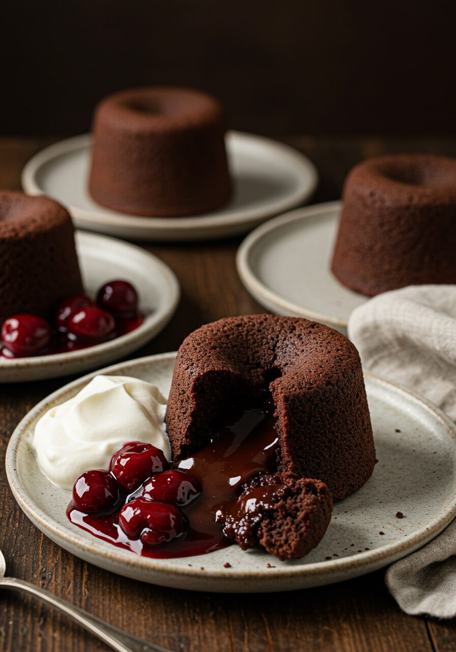 Stunning hero shot of several Chocolate and Cherry Fondants on individual rustic plates, one cut open with molten chocolate oozing out, served with homemade cherry jam and whipped cream, on a wooden table with linen napkins