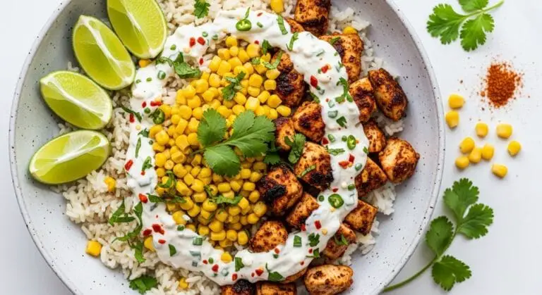 Stunning hero shot of a Street Corn Chicken Rice Bowl in a light-colored ceramic bowl, showcasing charred chicken pieces, white rice, golden corn kernels, a creamy white sauce with red chili flecks, garnished with fresh cilantro and lime wedges