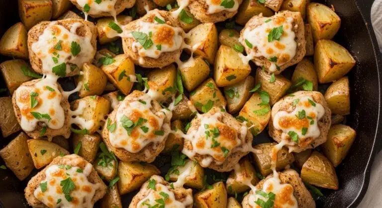 Stunning hero shot of a cast-iron skillet or baking dish filled with golden-brown Garlic Parmesan Chicken pieces and roasted potato chunks, topped with melted Parmesan cheese and garnished with fresh parsley