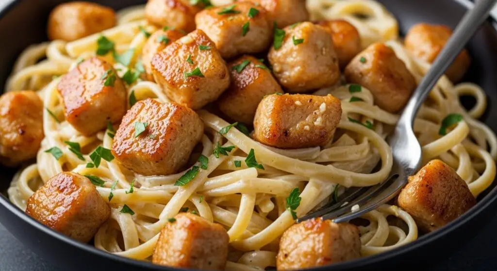 Stunning hero shot of Garlic Butter Chicken Bites with Creamy Pasta in a dark bowl, showcasing golden-brown chicken bites and pasta (like fettuccine or linguine) coated in a rich, creamy sauce, garnished with fresh parsley