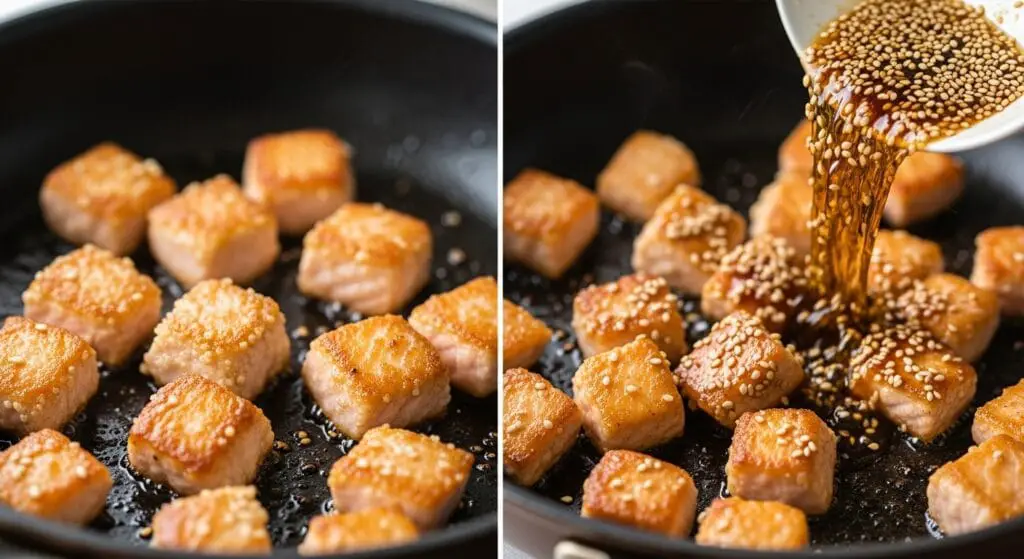 Golden-brown, bite-sized pieces of sesame-glazed salmon cooking in a skillet, alongside prepped sushi bowl toppings like sliced avocado, cucumber, and shredded carrots.