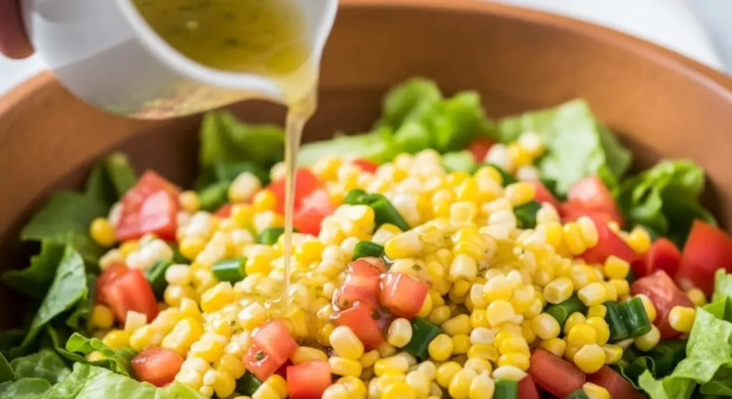 Freshly cooked corn on the cob (grilled or boiled) on a cutting board, with a knife cutting kernels off one cob into a bowl, for the Summer Corn Salad recipe.