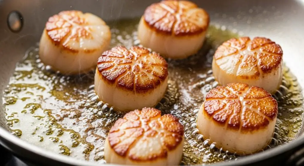 Plump sea scallops searing to a perfect golden-brown crust in a hot skillet with melted butter and oil, for the Lemon Butter Scallops recipe
