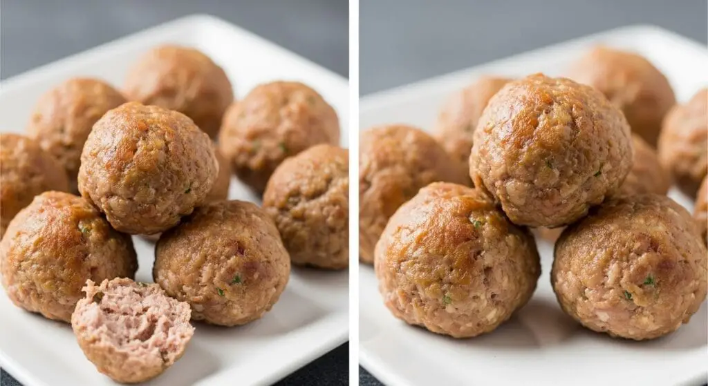 Perfectly formed, lightly browned baked or pan-fried meatballs on a baking sheet or plate, ready to be added to the sweet and sour sauce for the Sweet and Sour Meatballs recipe.