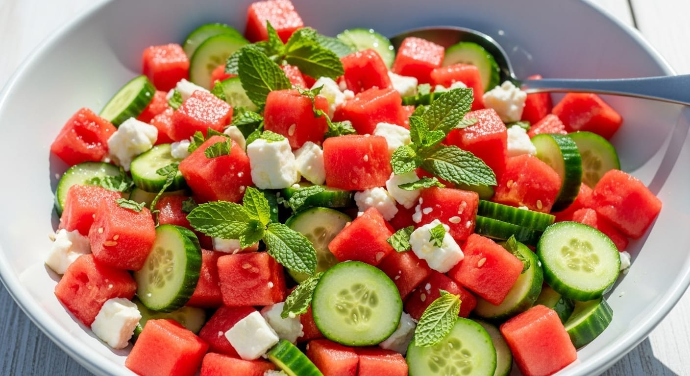 Stunning hero shot of a vibrant Watermelon Cucumber Salad in a large white serving bowl or platter, showcasing juicy red watermelon cubes, green cucumber slices/chunks, white crumbled feta, and fresh mint leaves, drizzled with a light dressing. Bright, summery outdoor lighting.