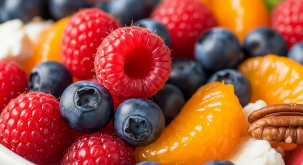 A small glass jar or cruet filled with a dark balsamic vinaigrette, with fresh berries and pecans visible in the blurred background, for the Summer Spinach Berry Salad recipe.