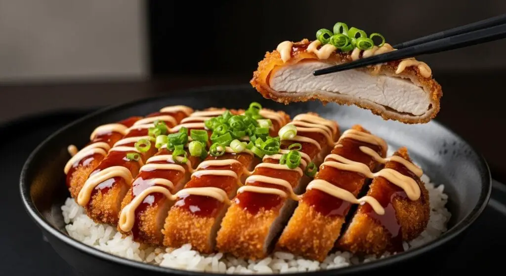 Stunning hero shot of a Japanese Katsu Bowl, featuring sliced crispy panko-crusted katsu (chicken or pork) over white rice, generously drizzled with dark Tonkatsu sauce and a creamy light-colored sauce, garnished with chopped green onions