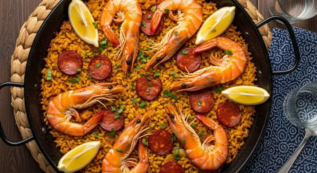 Sliced Spanish chorizo, chopped onions, and bell peppers sautéing in a large paella pan or skillet, creating the flavorful sofrito base for the Shrimp and Chorizo Paella recipe.