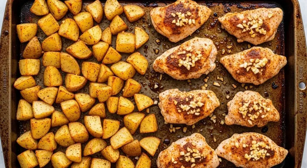 large baking sheet or skillet showing seasoned potato chunks and chicken pieces, with minced garlic and Parmesan cheese sprinkled over, part-way through roasting for the Garlic Parmesan Chicken and Potatoes recipe.