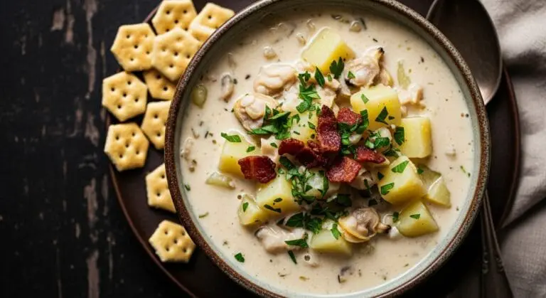 Stunning hero shot of a rustic bowl filled with creamy New England Clam Chowder, showcasing chunks of clams and potatoes, garnished with fresh parsley and crispy bacon bits, with oyster crackers on the side