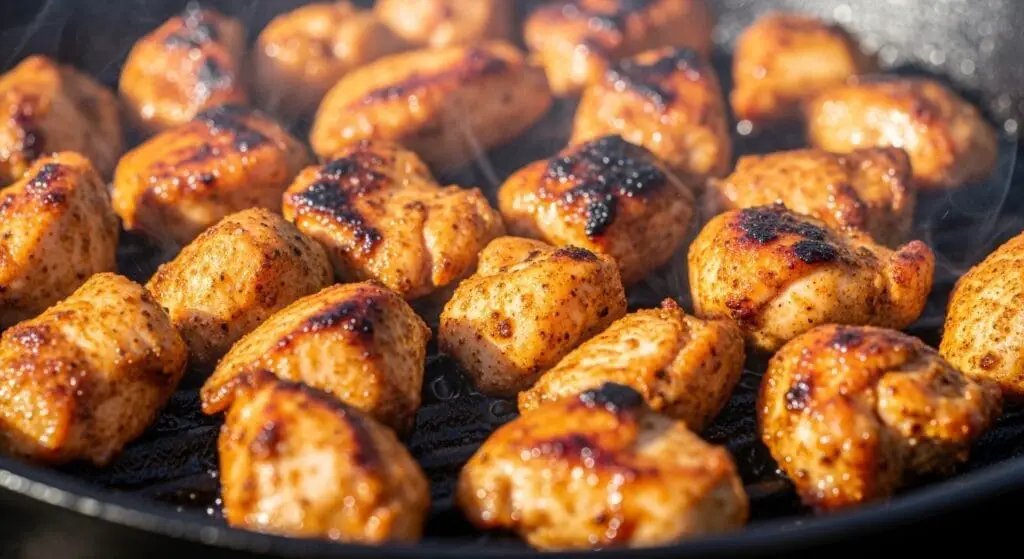 Golden, slightly charred corn kernels being sautéed in a skillet, with bits of cotija cheese and cilantro, for the Street Corn Chicken Rice Bowl recipe.