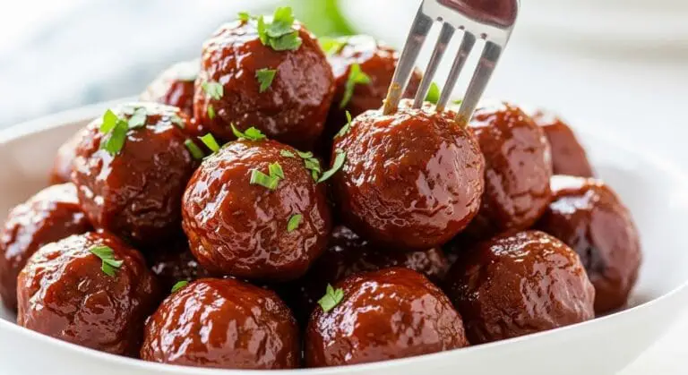 Stunning hero shot of glossy, reddish-brown Sweet and Sour Meatballs piled high in a white serving bowl, with a fork piercing one meatball, garnished with fresh chopped parsley