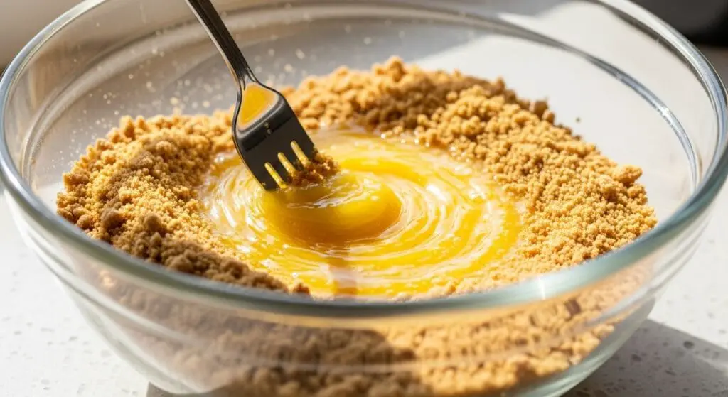 Graham cracker crumbs mixed with butter being pressed firmly into the bottom and up the sides of a springform pan, for the Summer Berry and Peach Cheesecake recipe crust.
