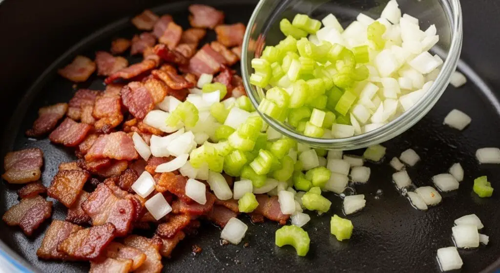 Diced potatoes, onions, and celery simmering in a light clam broth in a large pot, a key stage in making New England Clam Chowder recipe.