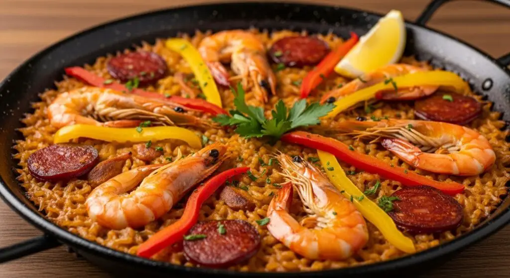 Stunning hero shot of a Shrimp and Chorizo Paella in a traditional paella pan or large skillet, showcasing golden saffron rice, plump pink shrimp, and slices of red chorizo, garnished with fresh parsley and lemon wedges