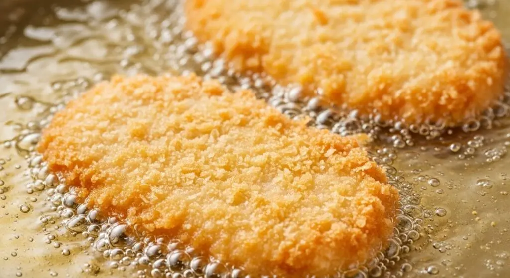 Raw chicken or pork cutlets being breaded in a three-step process: flour, egg, and Panko breadcrumbs, for the Japanese Katsu Bowl recipe
