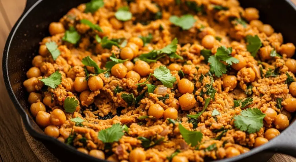 A skillet filled with the savory, spiced, and partially mashed chickpea and herb filling for the Falafel Chickpea Stuffed Peppers recipe, with fresh parsley and cilantro visible.
