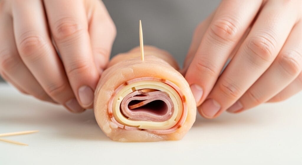 Raw, pounded chicken breasts being layered with slices of ham and Swiss cheese, then tightly rolled and secured with toothpicks, ready for breading the Chicken Cordon Bleu recipe.