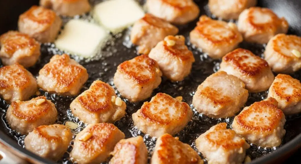 Golden-brown, seared garlic butter chicken bites in a dark skillet, perfectly cooked and ready for the creamy pasta sauce in this Garlic Butter Chicken Bites with Creamy Pasta recipe