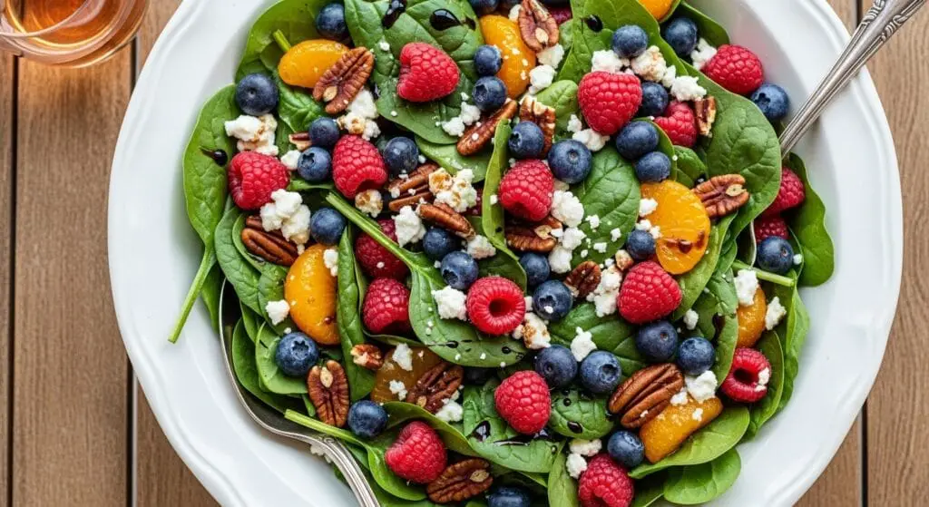 Stunning hero shot of a Summer Spinach Berry Salad in a large white serving bowl, showcasing vibrant green spinach, red raspberries, blueberries, orange mandarin segments, toasted pecans, and crumbled feta, drizzled with a balsamic vinaigrette