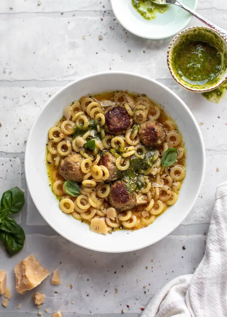 Pesto Mini Meatball Soup recipe