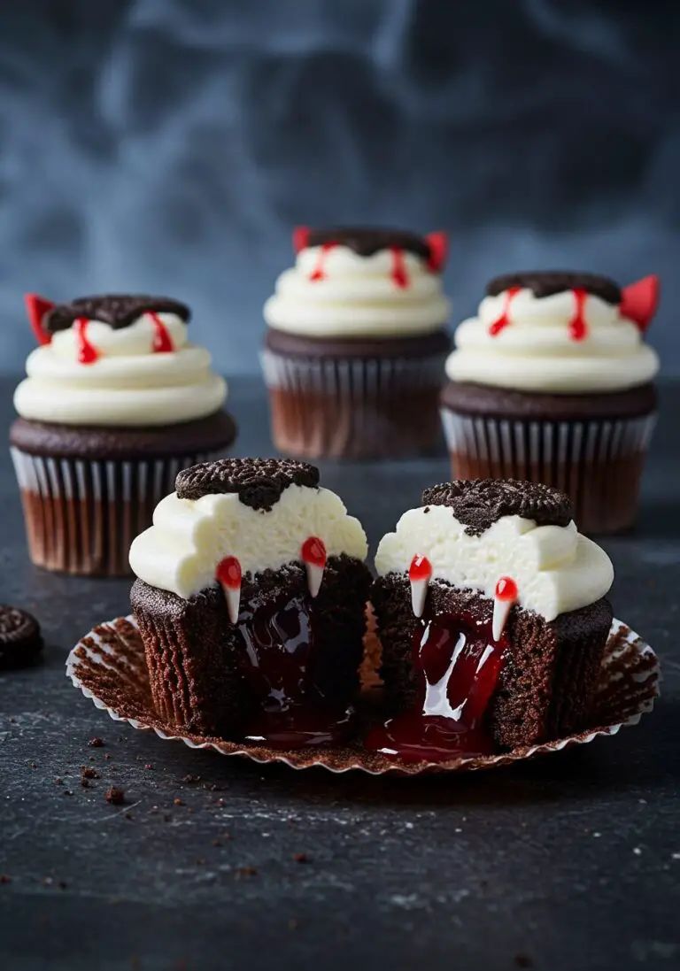 The Ultimate Vampire Cupcakes (With a Surprise “Bloody” Filling!)
