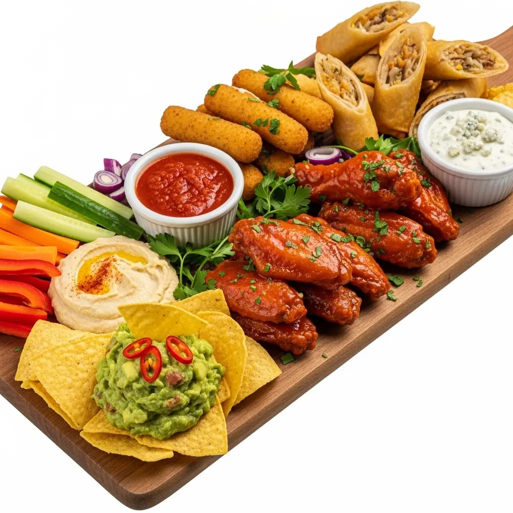 Colorful assortment of appetizers and snacks featuring a dip, finger foods, and fresh bites.