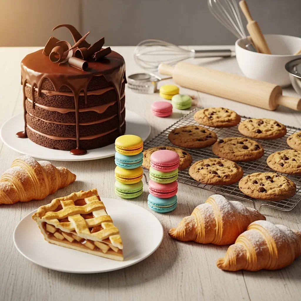 Tempting display of homemade desserts and baked goods like cake, cookies, and pie.