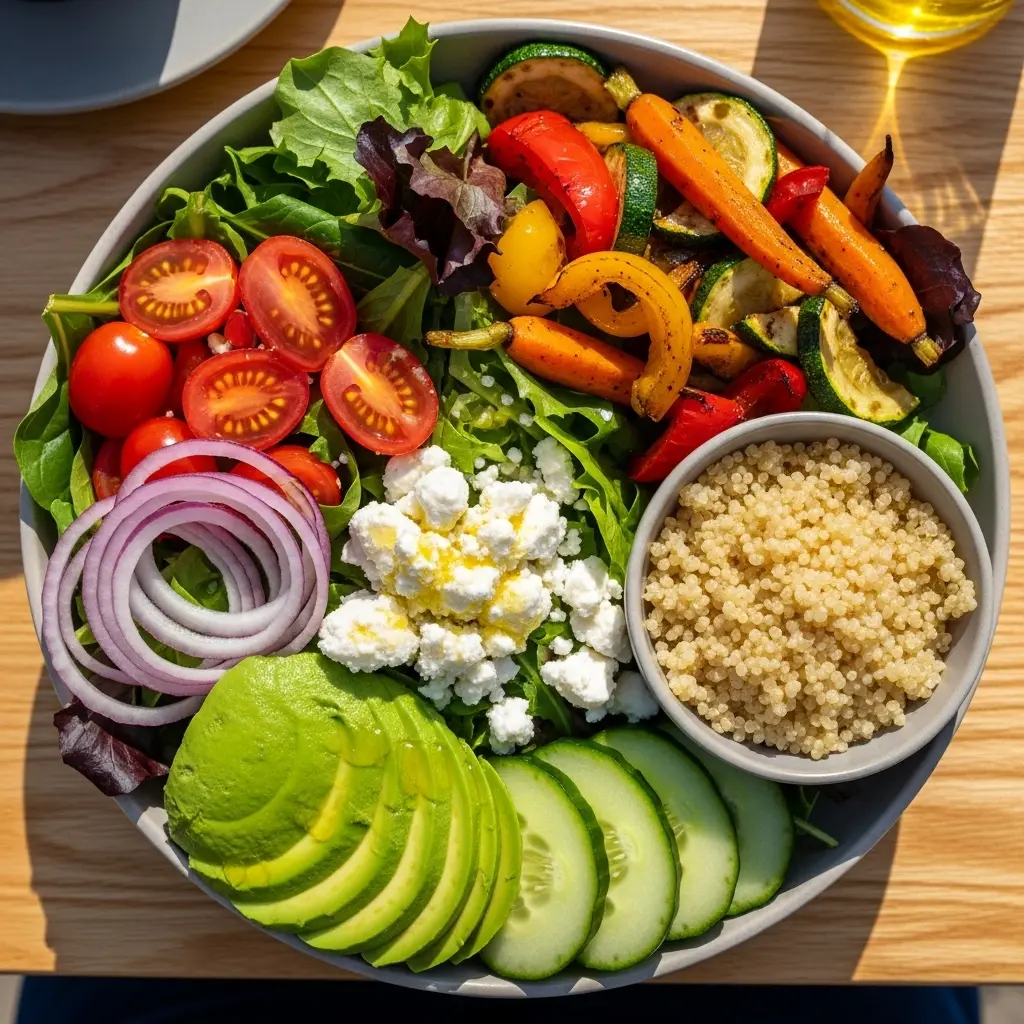 Fresh and healthy sides and salads including a large green salad, roasted vegetables, and quinoa.