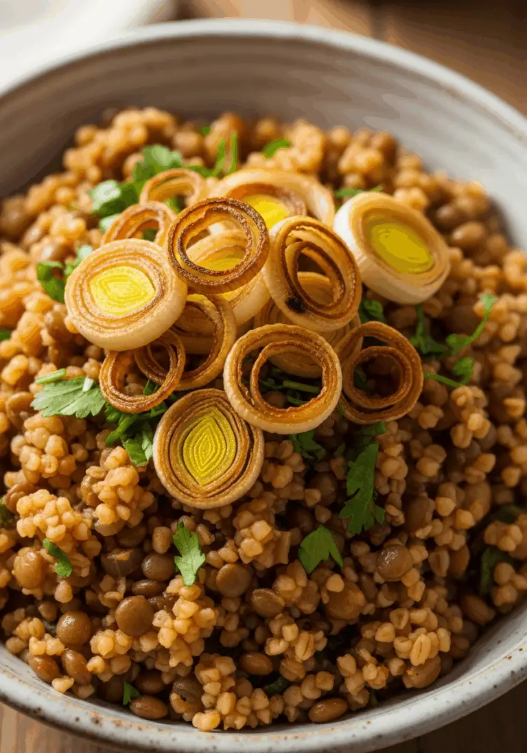 The Ultimate Bulgur and Lentil Pilaf (with Crispy Leeks!)
