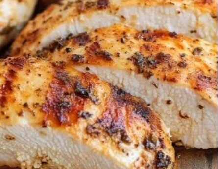 Delicious air fryer grilled chicken served on a plate with fresh herbs